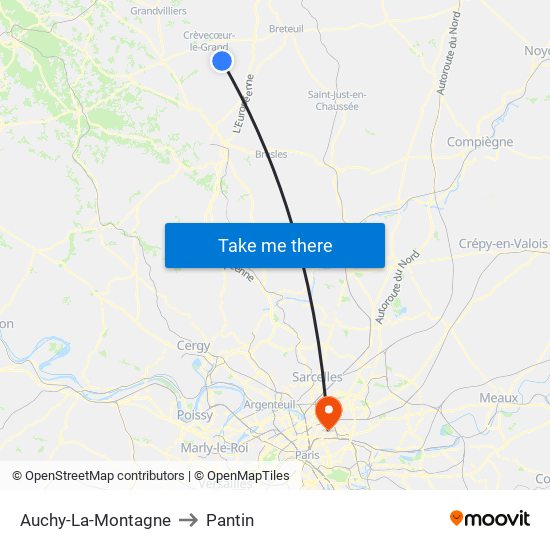 Auchy-La-Montagne to Pantin map