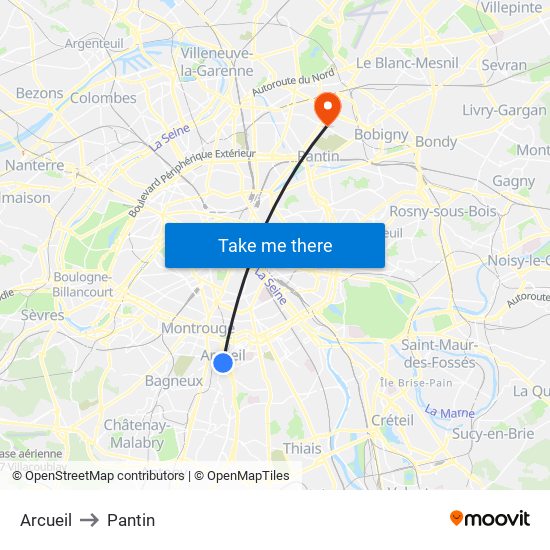 Arcueil to Pantin map