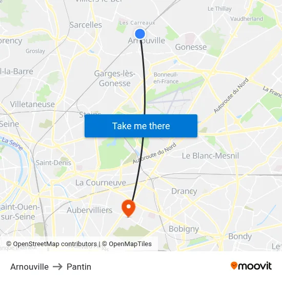 Arnouville to Pantin map