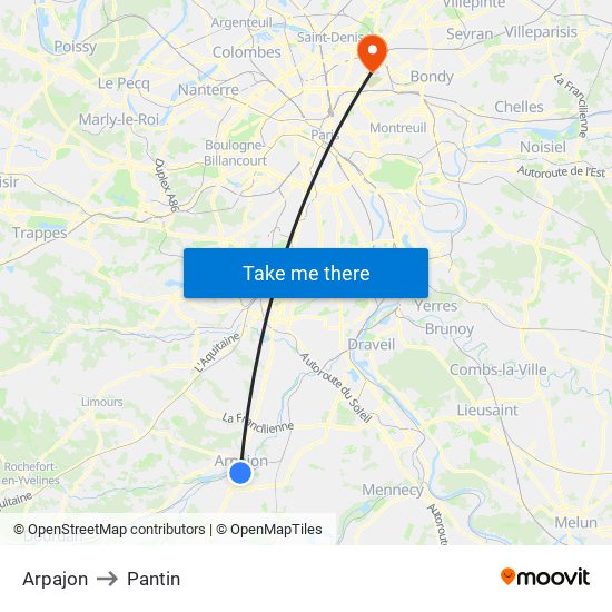 Arpajon to Pantin map