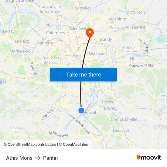Athis-Mons to Pantin map