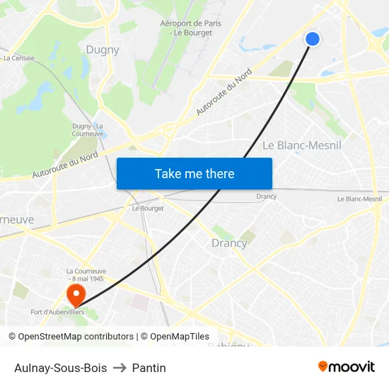 Aulnay-Sous-Bois to Pantin map