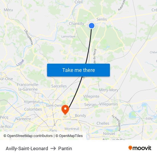 Avilly-Saint-Leonard to Pantin map