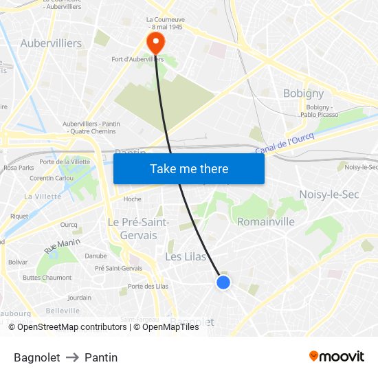 Bagnolet to Pantin map