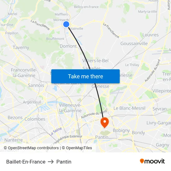 Baillet-En-France to Pantin map