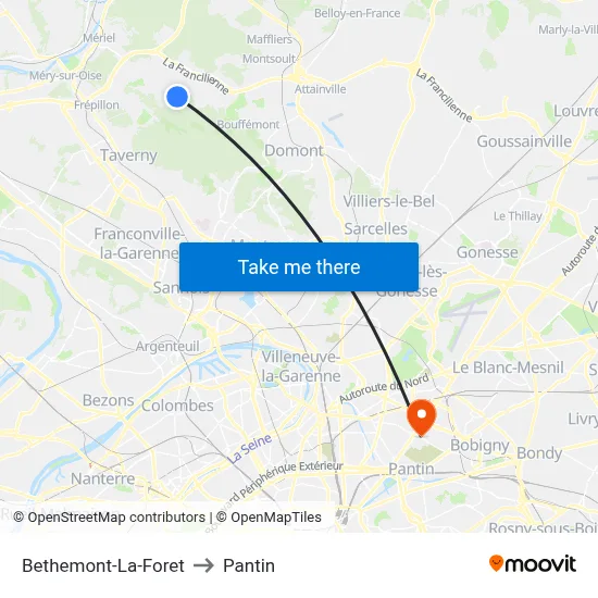 Bethemont-La-Foret to Pantin map