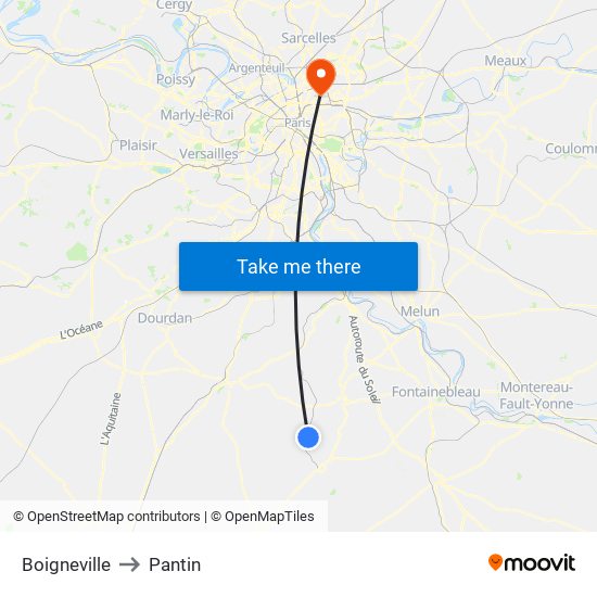 Boigneville to Pantin map