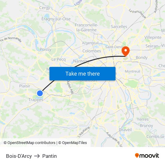 Bois-D'Arcy to Pantin map