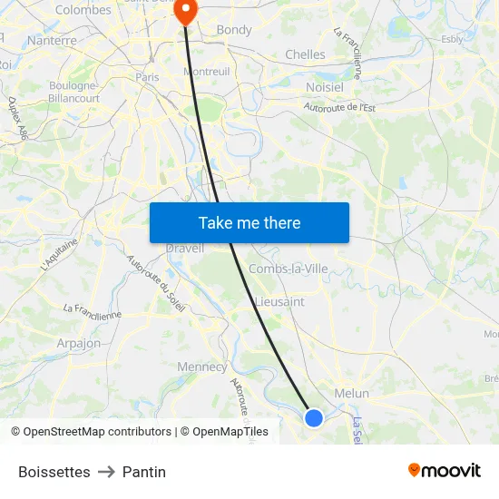 Boissettes to Pantin map