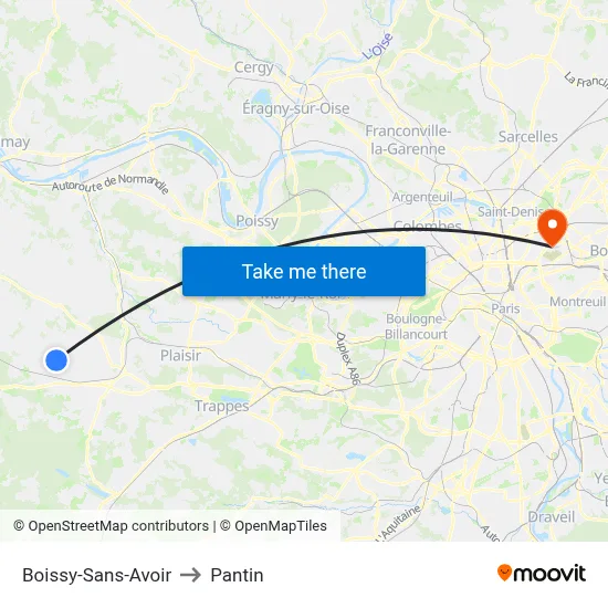 Boissy-Sans-Avoir to Pantin map