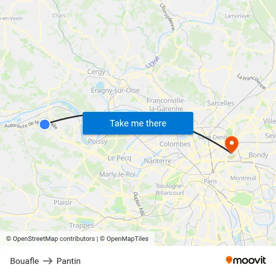 Bouafle to Pantin map