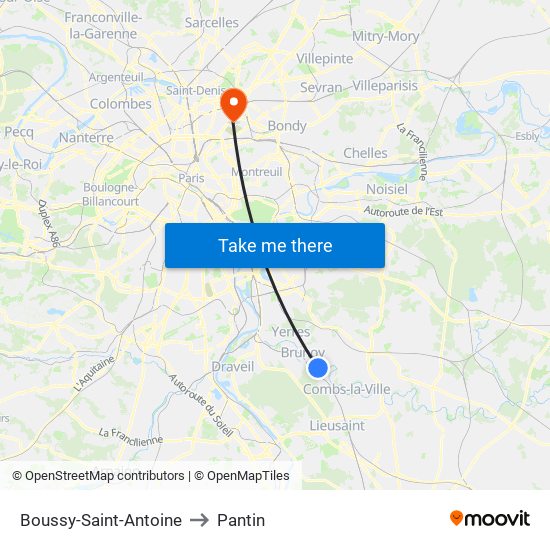Boussy-Saint-Antoine to Pantin map