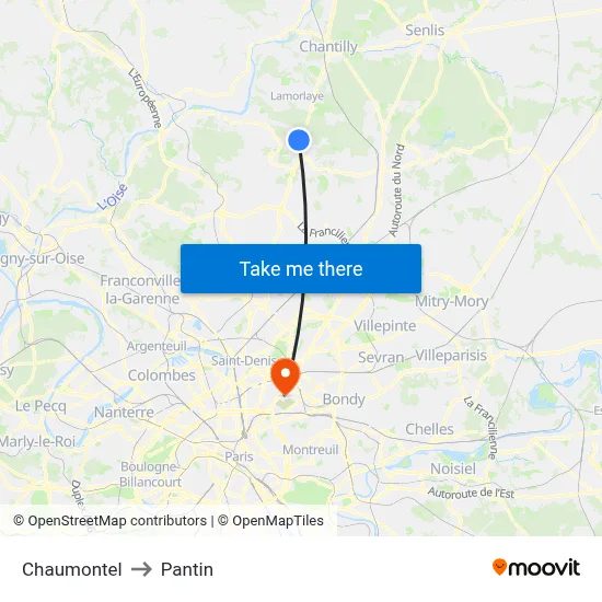 Chaumontel to Pantin map