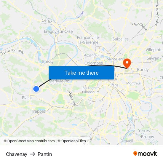 Chavenay to Pantin map