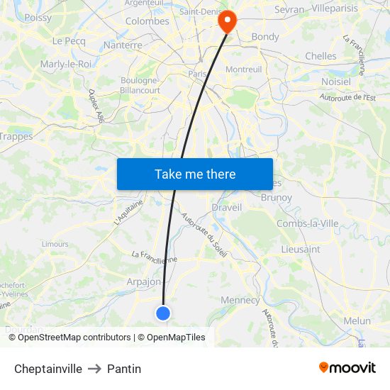 Cheptainville to Pantin map