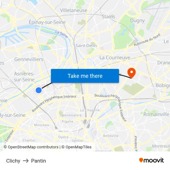 Clichy to Pantin map