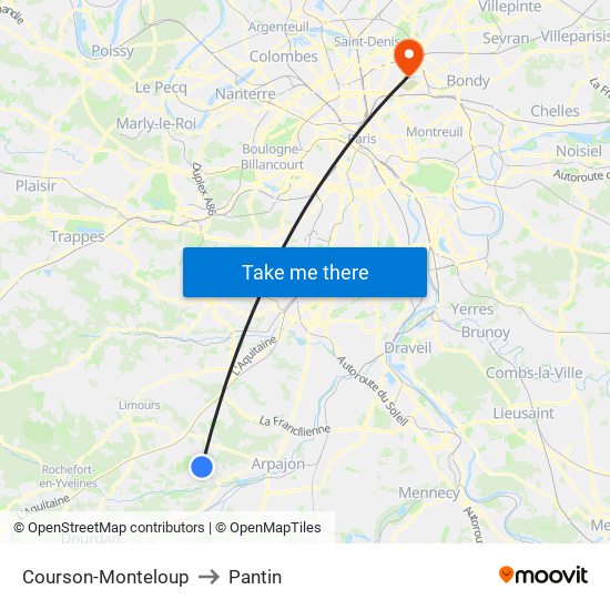 Courson-Monteloup to Pantin map