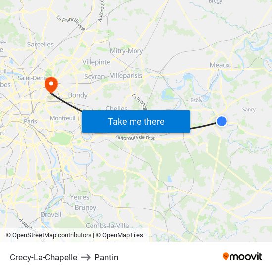 Crecy-La-Chapelle to Pantin map