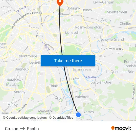 Crosne to Pantin map