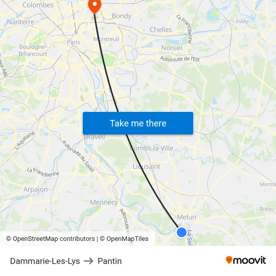 Dammarie-Les-Lys to Pantin map