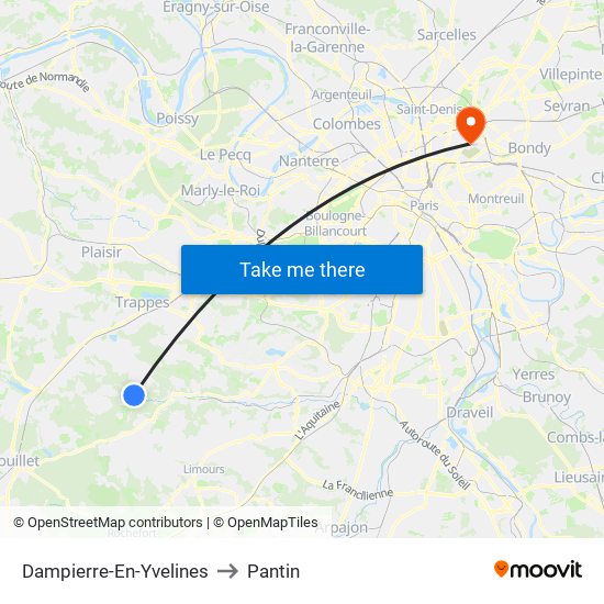 Dampierre-En-Yvelines to Pantin map