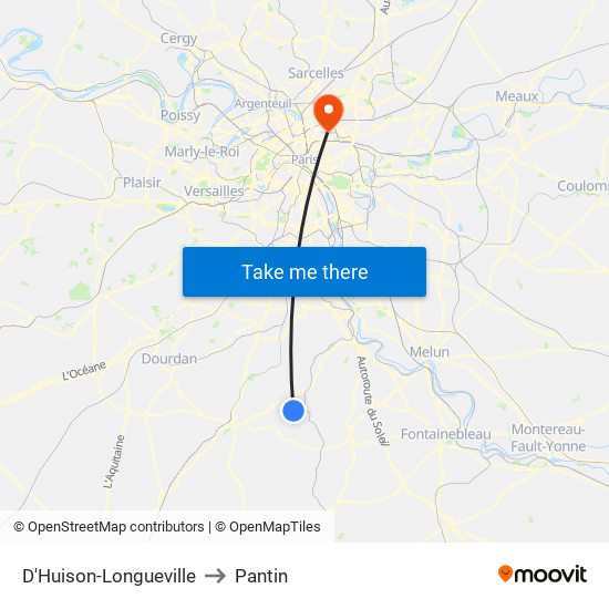 D'Huison-Longueville to Pantin map