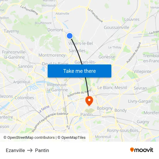 Ezanville to Pantin map