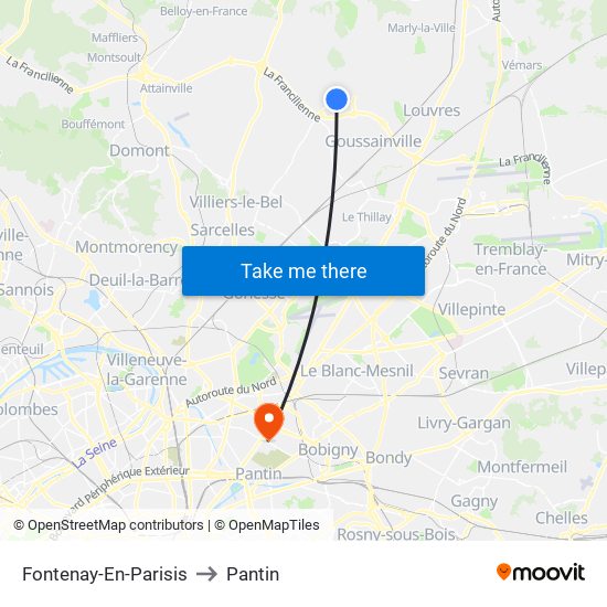 Fontenay-En-Parisis to Pantin map