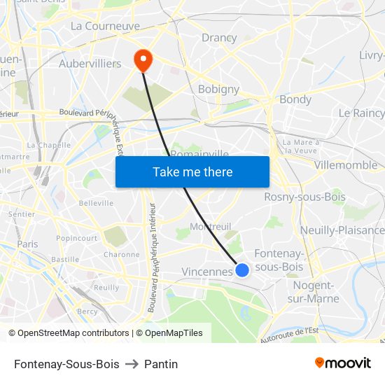 Fontenay-Sous-Bois to Pantin map