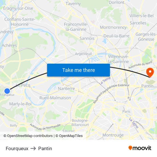 Fourqueux to Pantin map