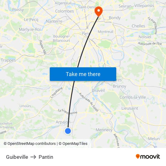 Guibeville to Pantin map