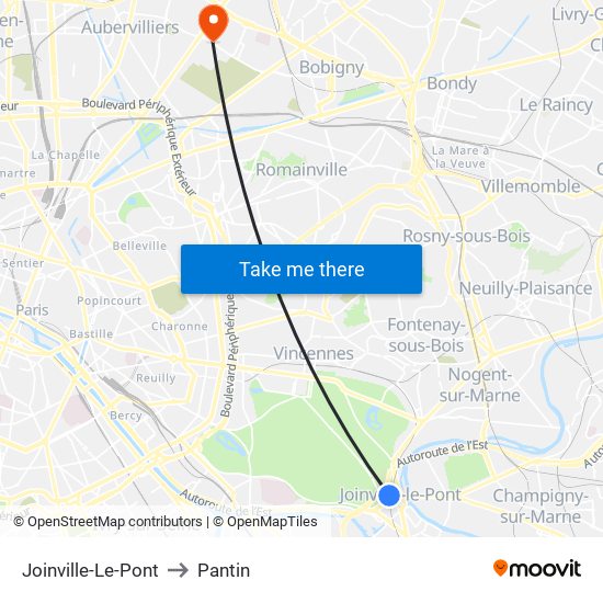 Joinville-Le-Pont to Pantin map
