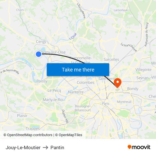 Jouy-Le-Moutier to Pantin map