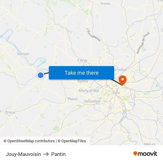 Jouy-Mauvoisin to Pantin map