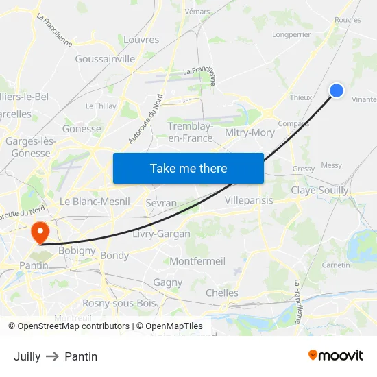 Juilly to Pantin map
