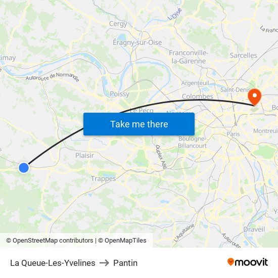 La Queue-Les-Yvelines to Pantin map