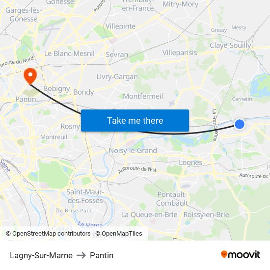 Lagny-Sur-Marne to Pantin map