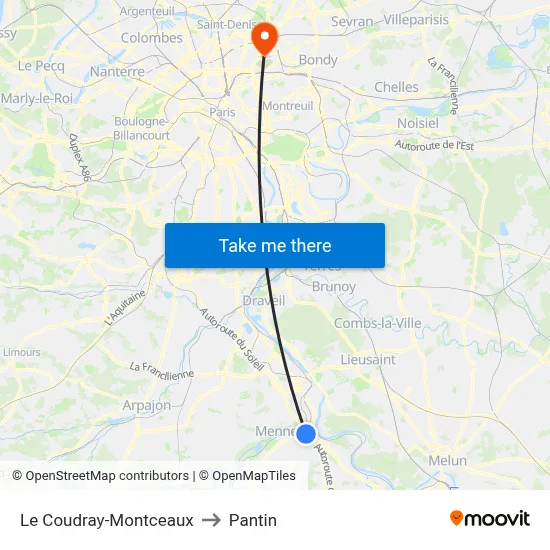 Le Coudray-Montceaux to Pantin map