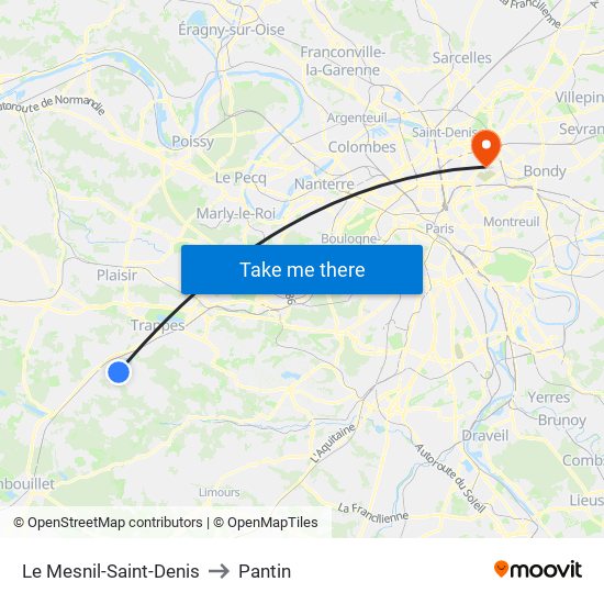 Le Mesnil-Saint-Denis to Pantin map