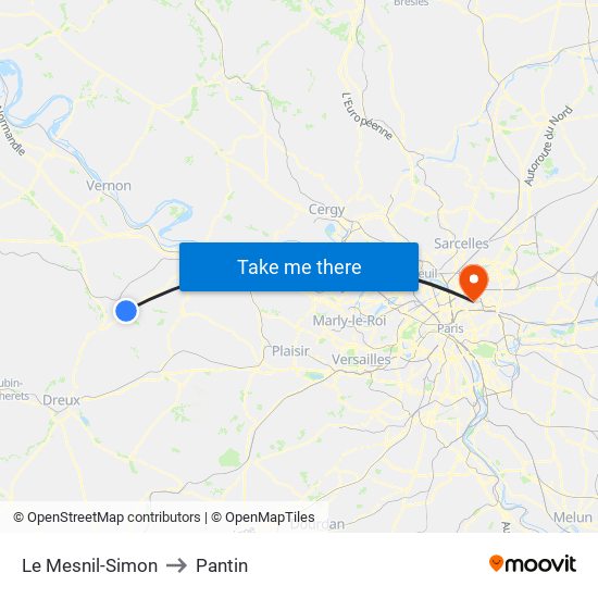 Le Mesnil-Simon to Pantin map