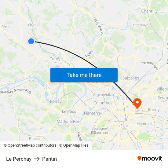 Le Perchay to Pantin map