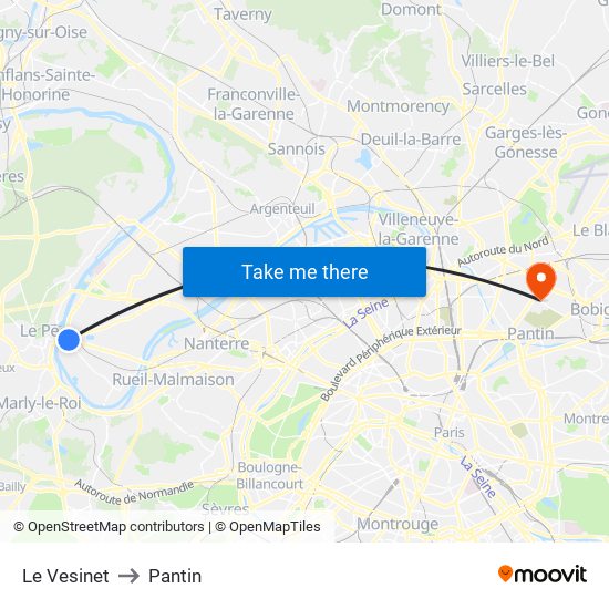 Le Vesinet to Pantin map