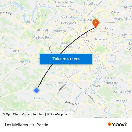 Les Molieres to Pantin map