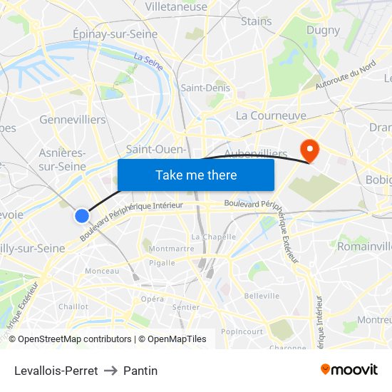 Levallois-Perret to Pantin map