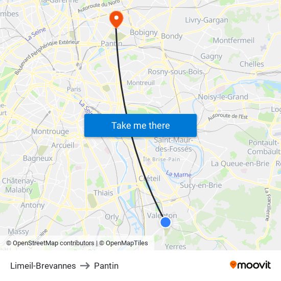 Limeil-Brevannes to Pantin map