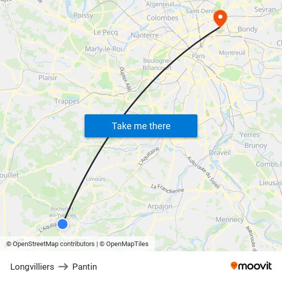 Longvilliers to Pantin map