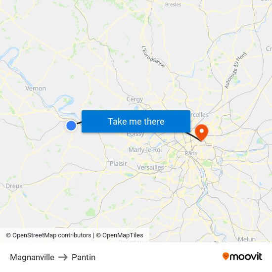 Magnanville to Pantin map