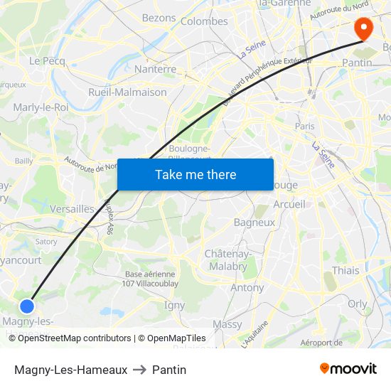 Magny-Les-Hameaux to Pantin map