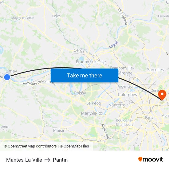 Mantes-La-Ville to Pantin map