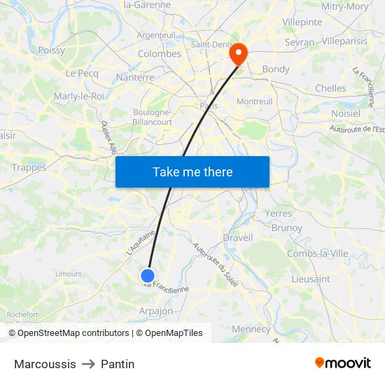 Marcoussis to Pantin map